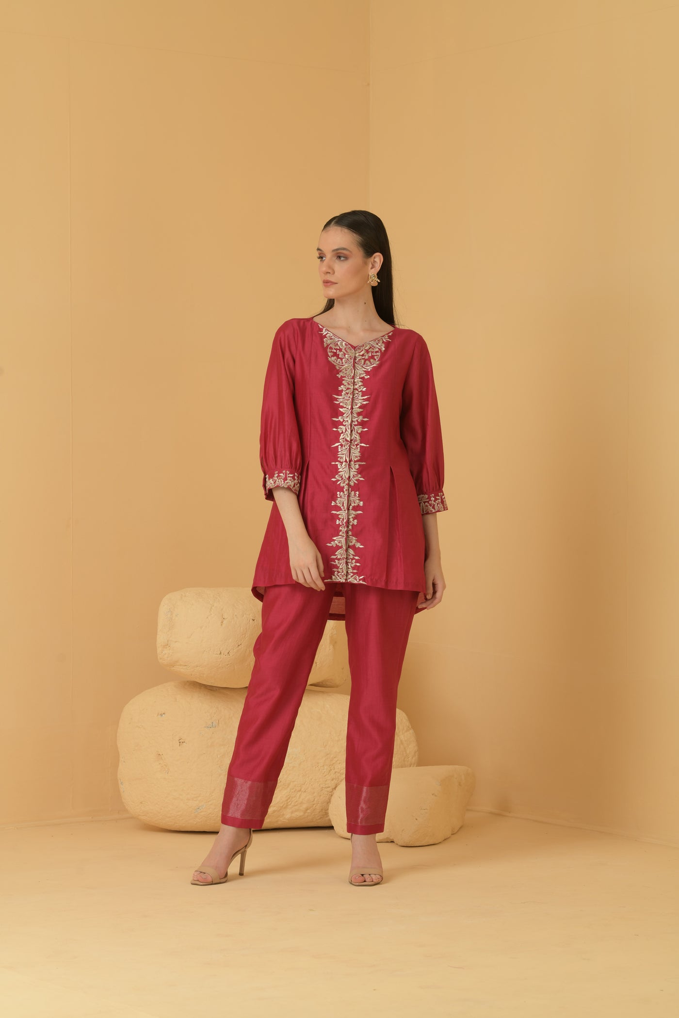 Fuschia chanderi long top with chanderi pants