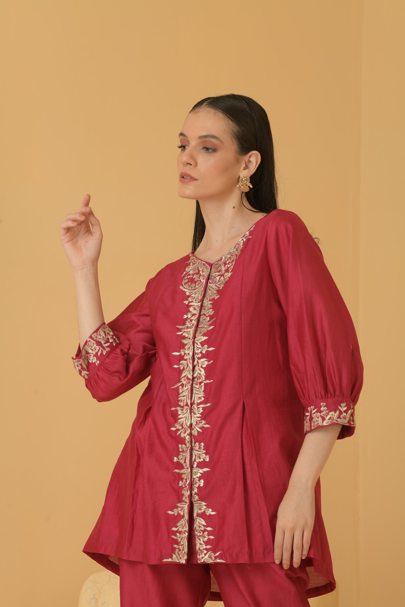 Fuschia chanderi long top with chanderi pants