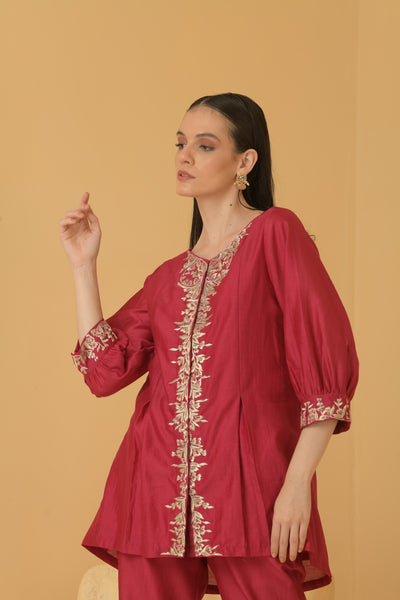 Fuschia chanderi long top with chanderi pants