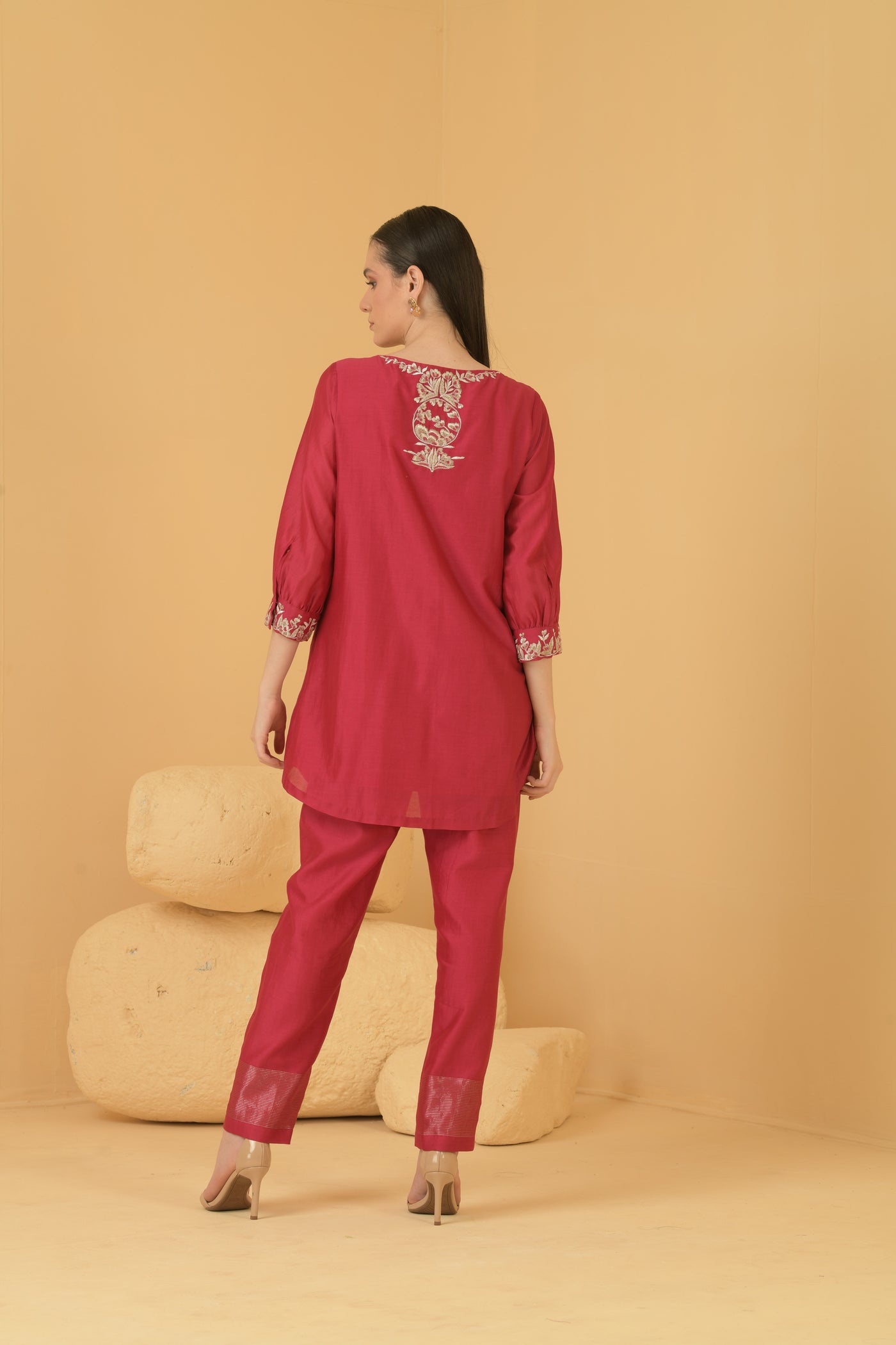 Fuschia chanderi long top with chanderi pants