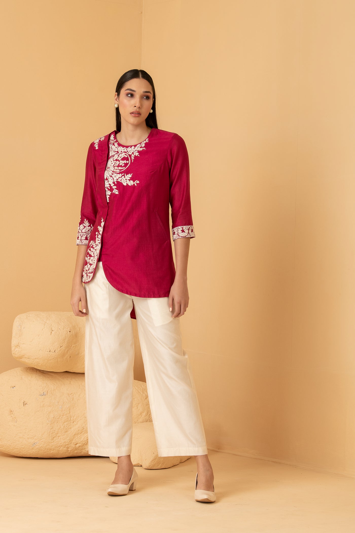 Fuschia chanderi overlap top with off white chanderi Palazzo pants