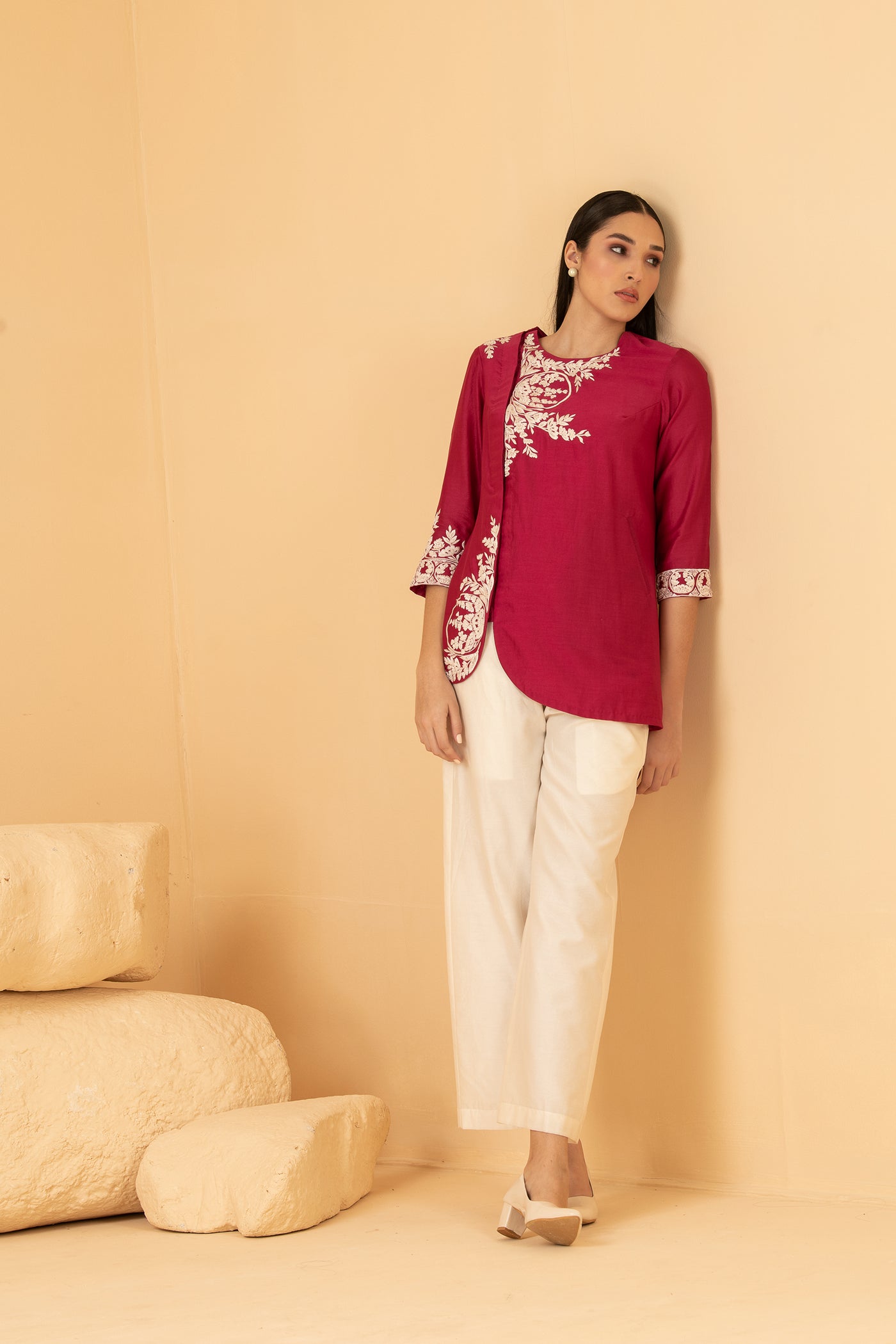 Fuschia chanderi overlap top with off white chanderi Palazzo pants