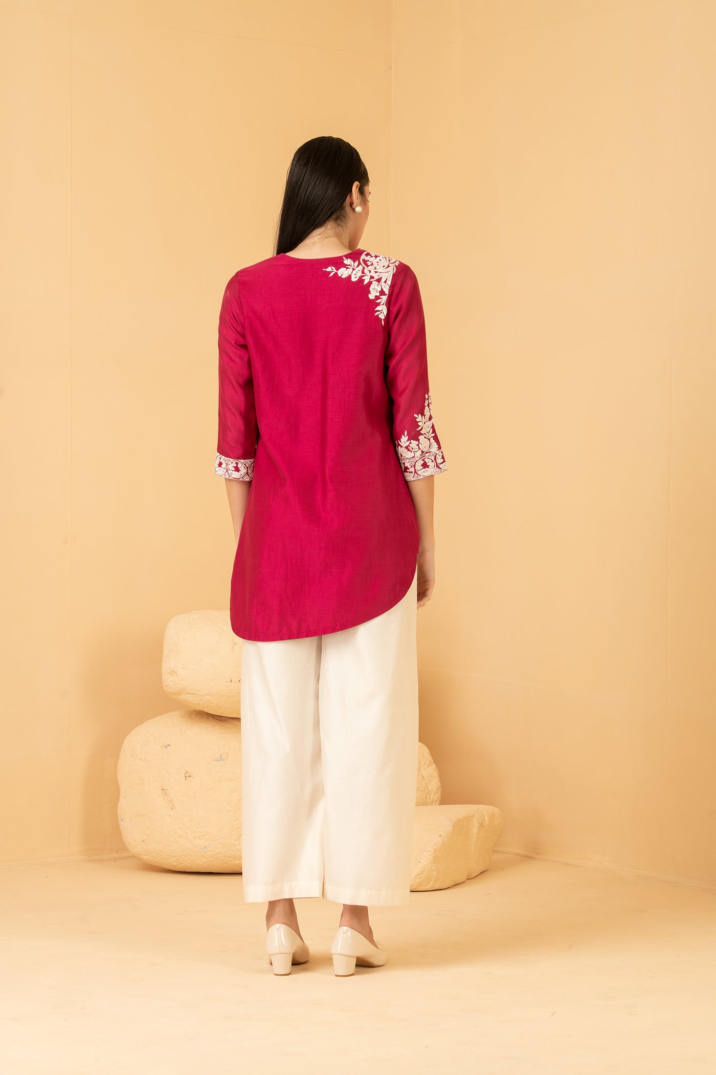 Fuschia chanderi overlap top with off white chanderi Palazzo pants