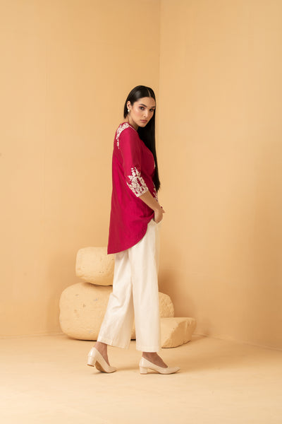 Fuschia chanderi overlap top with off white chanderi Palazzo pants