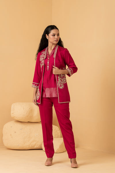 Fuschia modal satin jacket with sleeveless chanderi top with self zari and pants