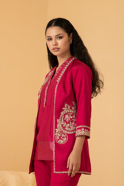 Fuschia modal satin jacket with sleeveless chanderi top with self zari and pants