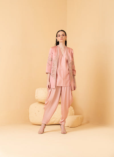 Rosegold modal satin jacket with chanderi top and dhoti pants