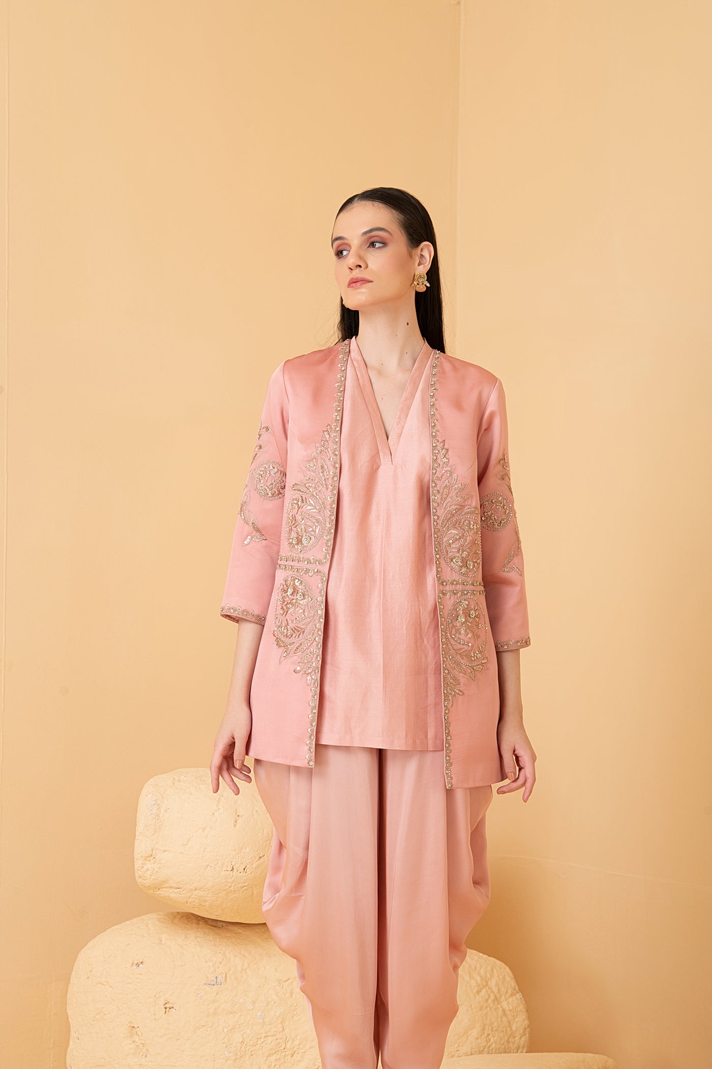 Rosegold modal satin jacket with chanderi top and dhoti pants