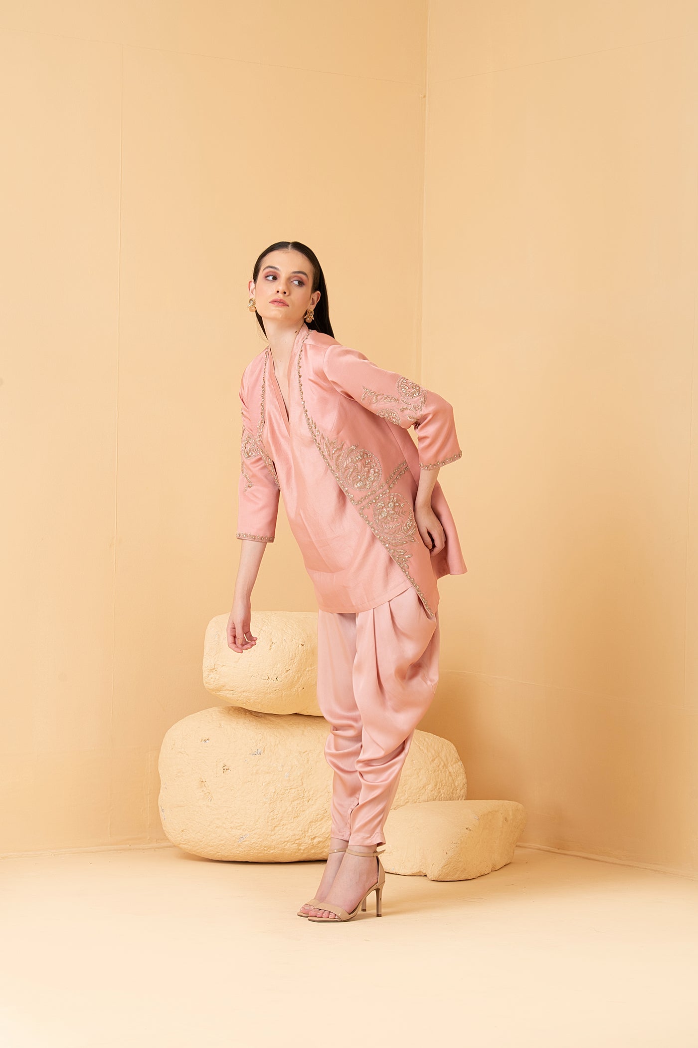 Rosegold modal satin jacket with chanderi top and dhoti pants