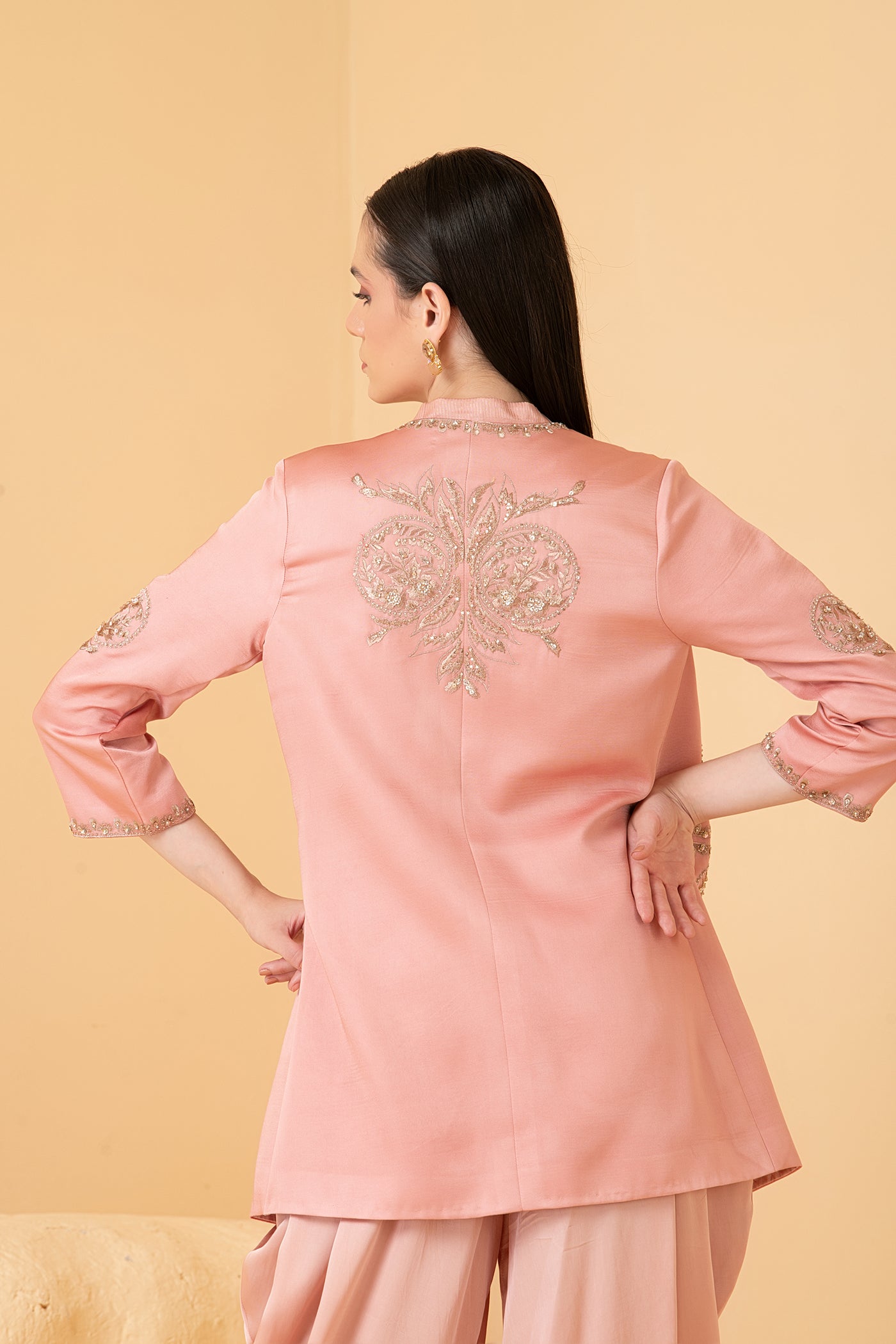 Rosegold modal satin jacket with chanderi top and dhoti pants