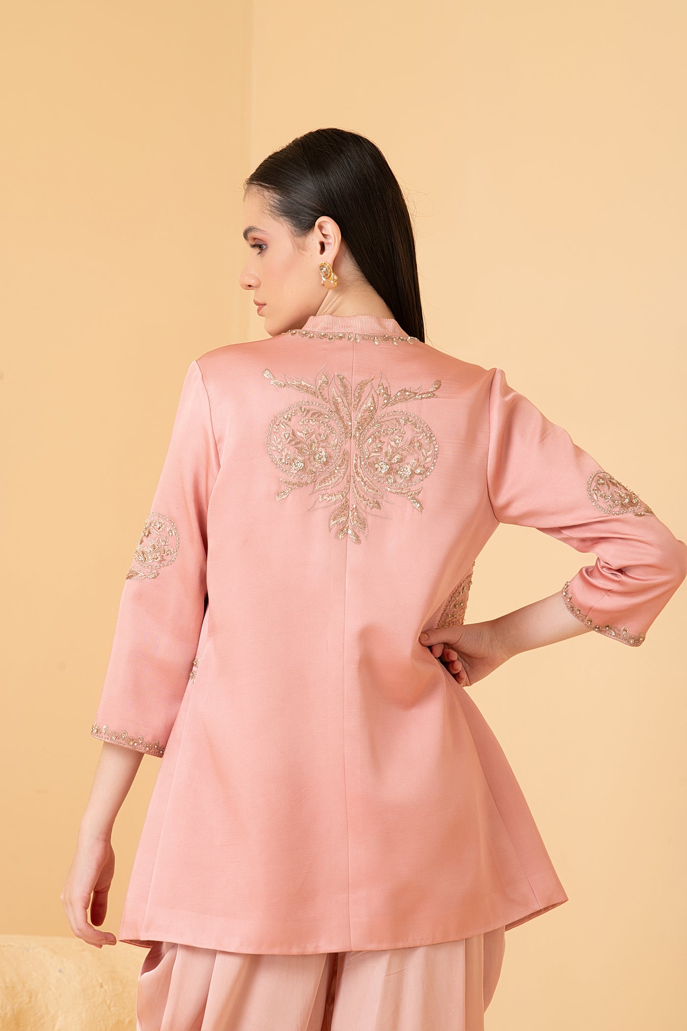 Rosegold modal satin jacket with chanderi top and dhoti pants