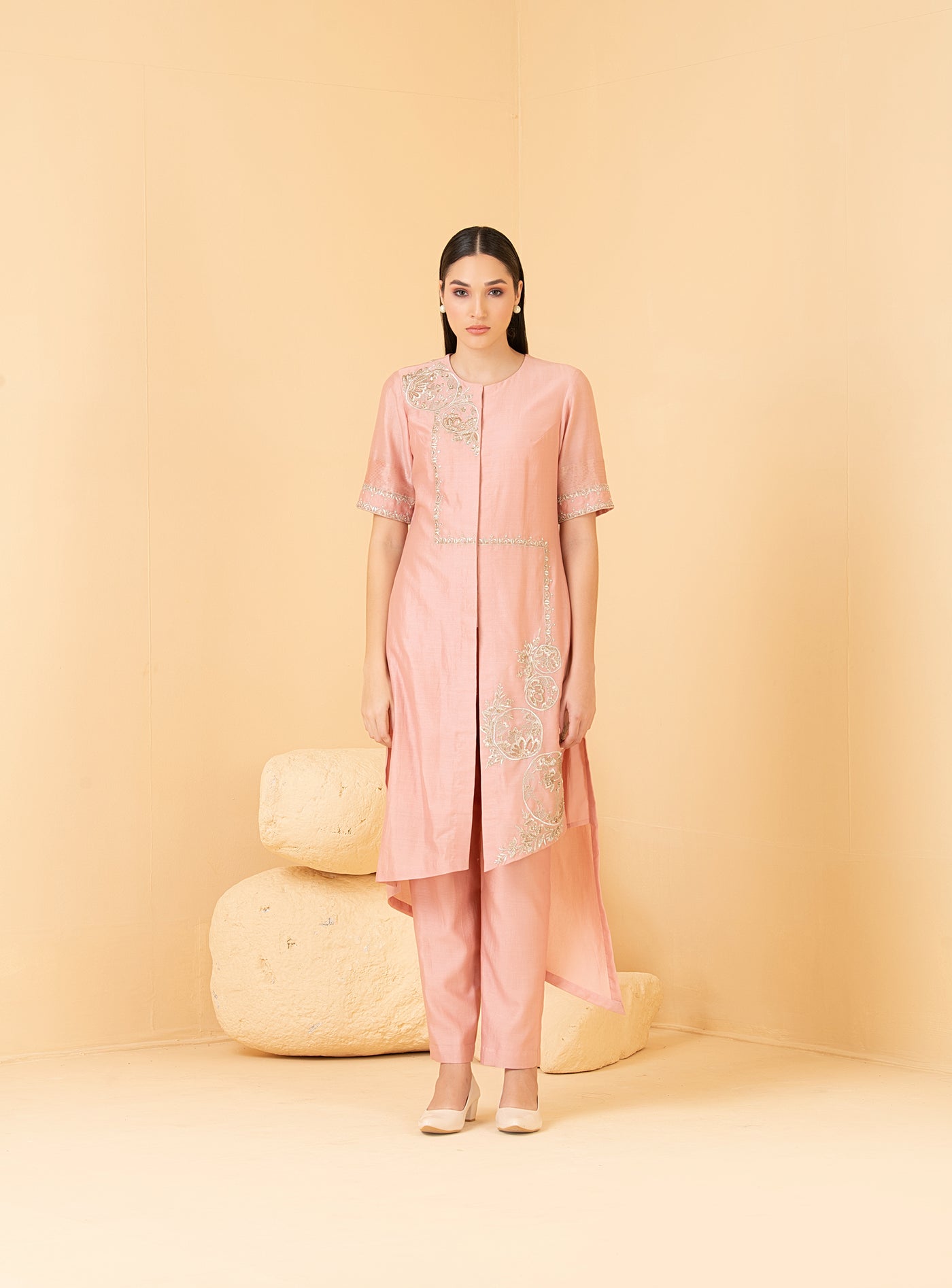 Rosegold chanderi asymetrical tunic with chanderi pants