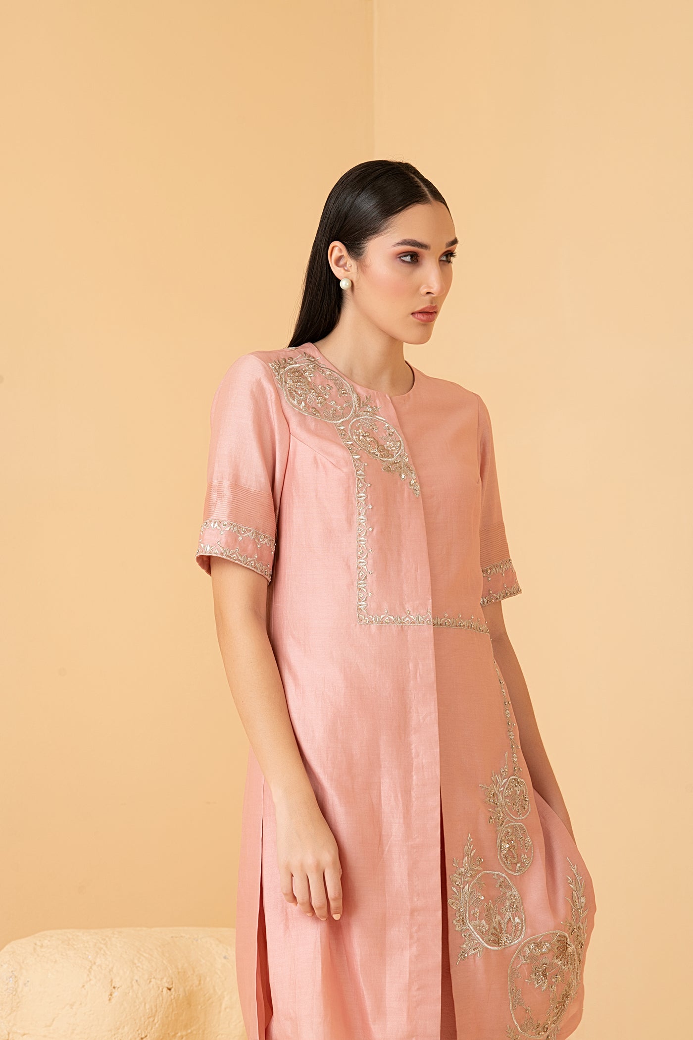 Rosegold chanderi asymetrical tunic with chanderi pants