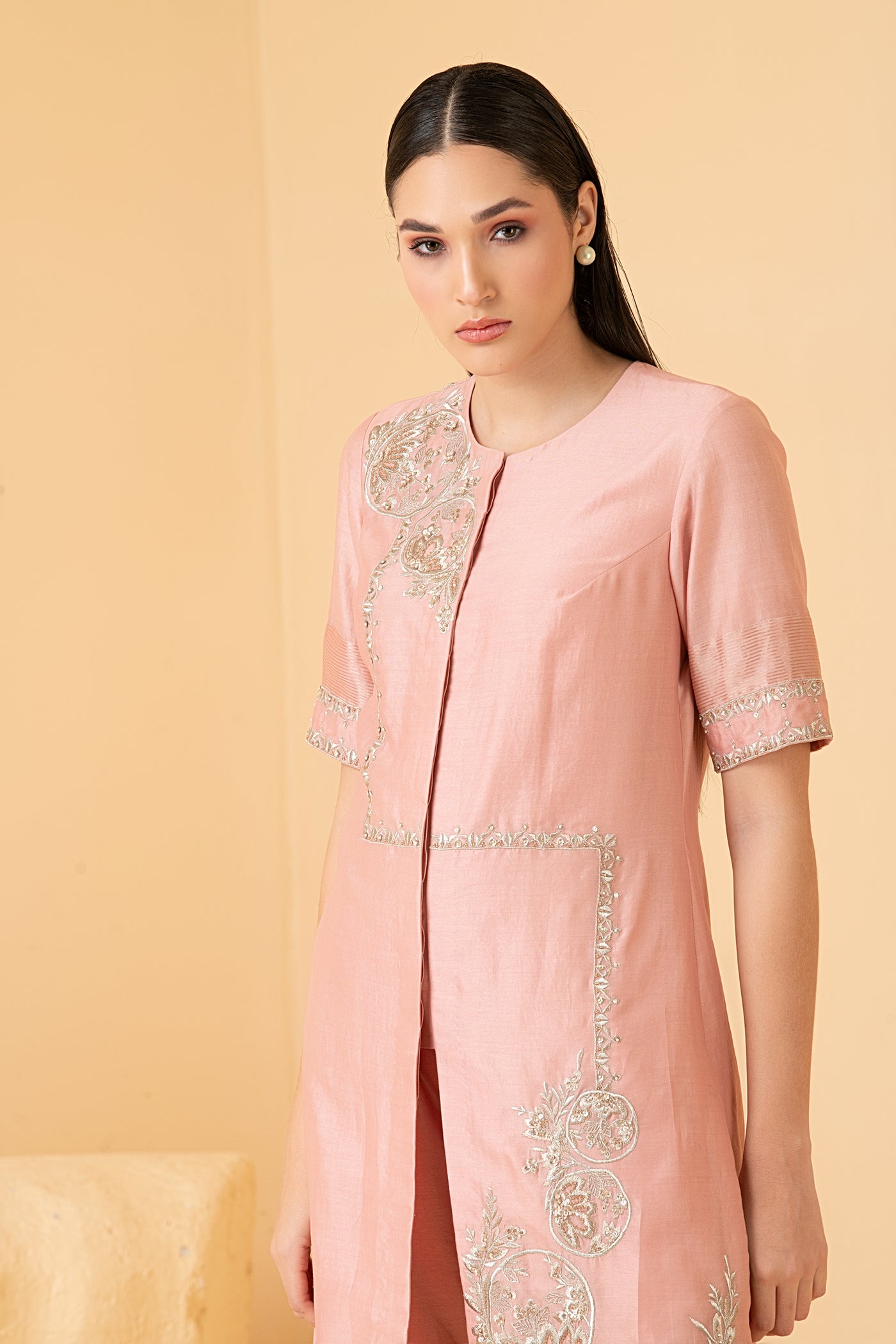 Rosegold chanderi asymetrical tunic with chanderi pants