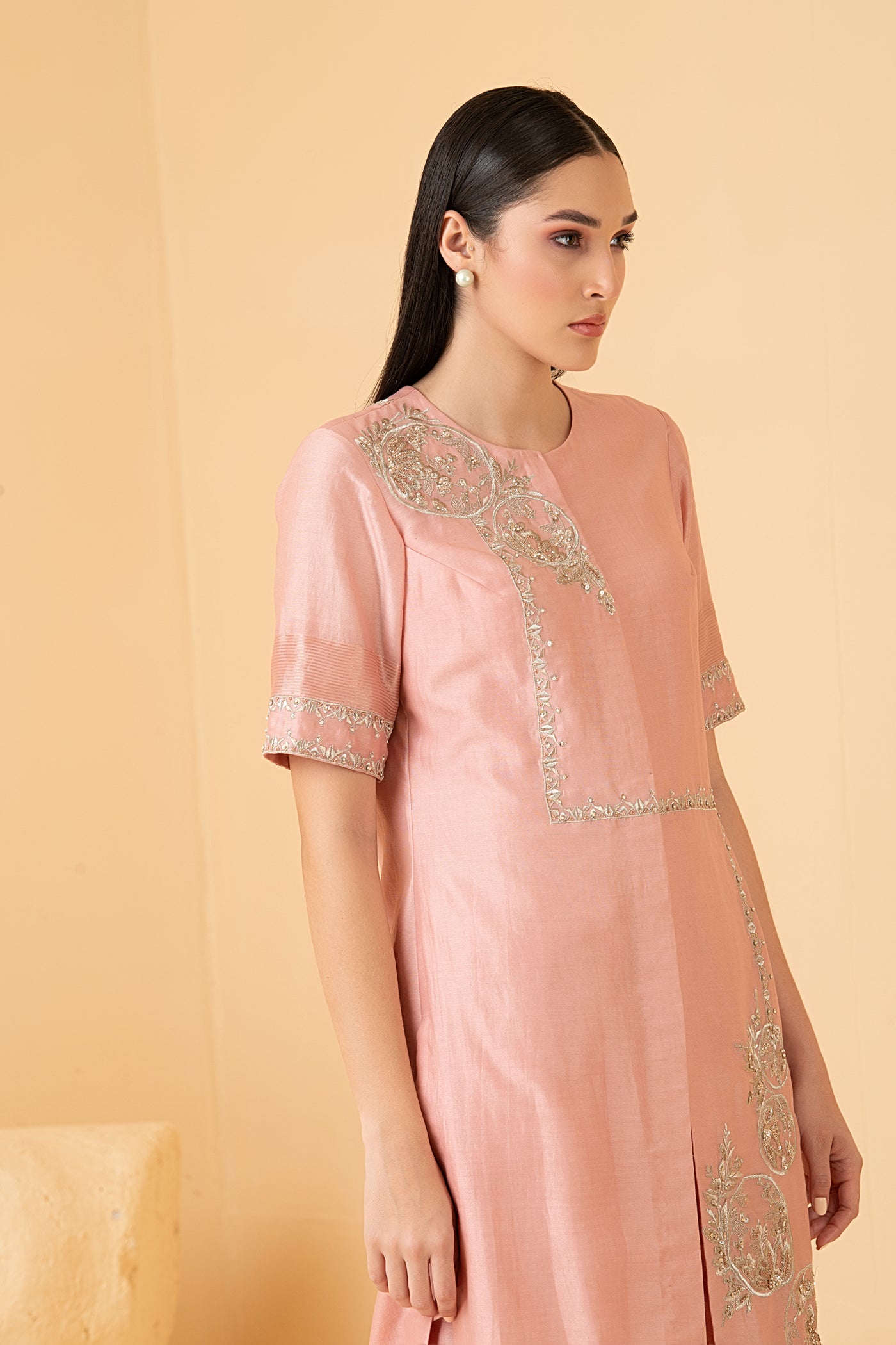 Rosegold chanderi asymetrical tunic with chanderi pants