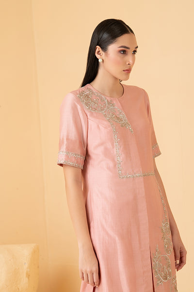 Rosegold chanderi asymetrical tunic with chanderi pants