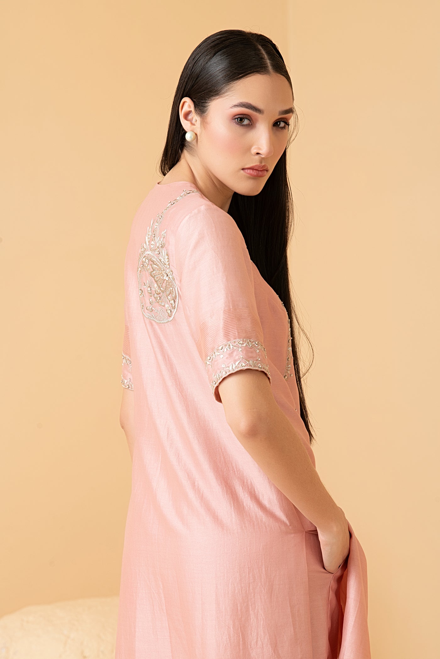 Rosegold chanderi asymetrical tunic with chanderi pants