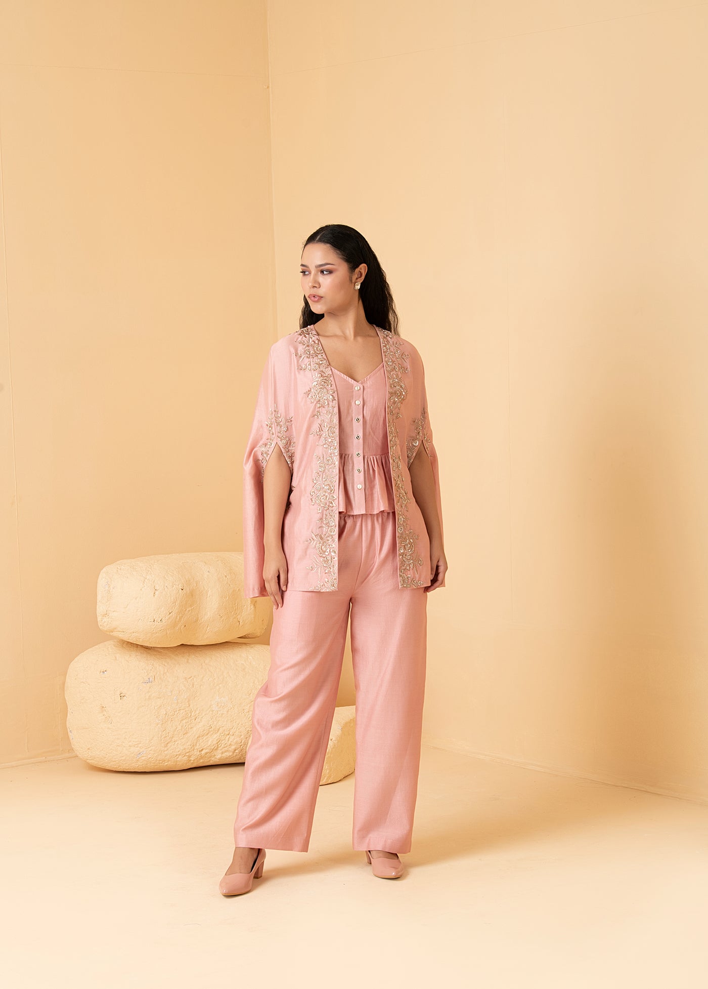 Rosegold chanderi cape jacket with peplum top and pants