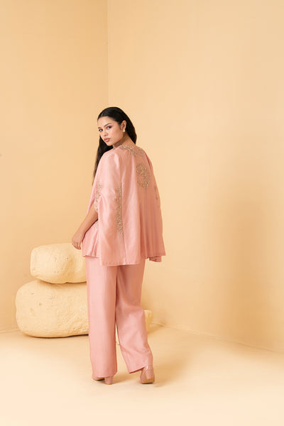 Rosegold chanderi cape jacket with peplum top and pants