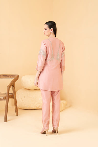 Rosegold chanderi asymetrical top and pants