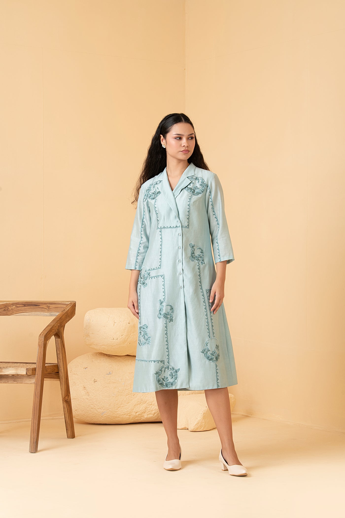 Powder blue chanderi anti fit coat collar dress