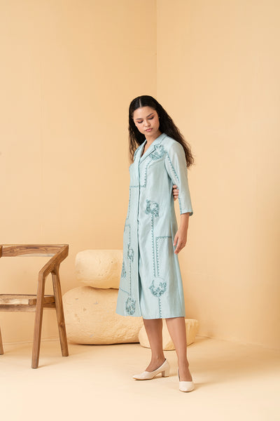 Powder blue chanderi anti fit coat collar dress