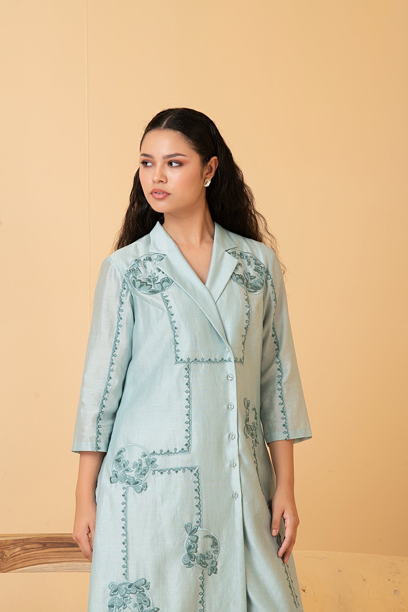 Powder blue chanderi anti fit coat collar dress