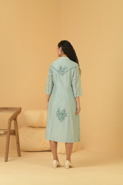 Powder blue chanderi anti fit coat collar dress