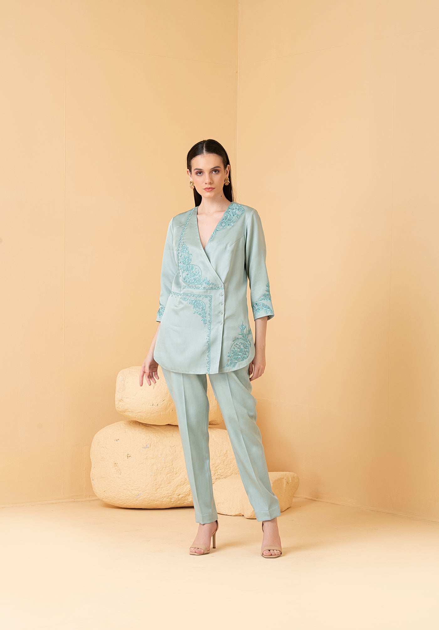 Powder blue modal satin jacket with sleeveless top & pants