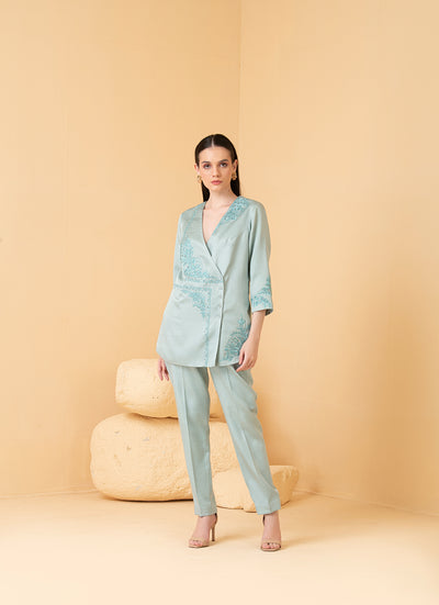 Powder blue modal satin jacket with sleeveless top & pants