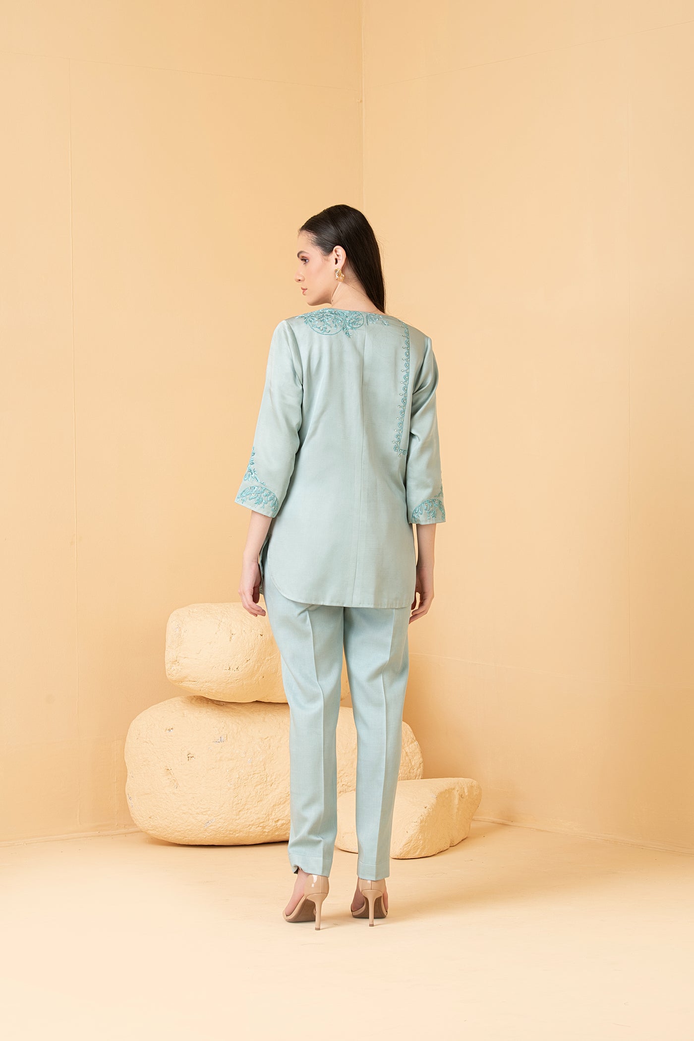 Powder blue modal satin jacket with sleeveless top & pants