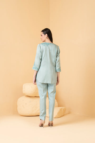 Powder blue modal satin jacket with sleeveless top & pants