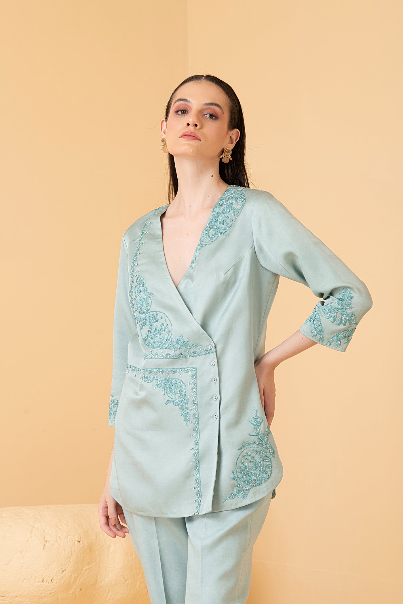 Powder blue modal satin jacket with sleeveless top & pants