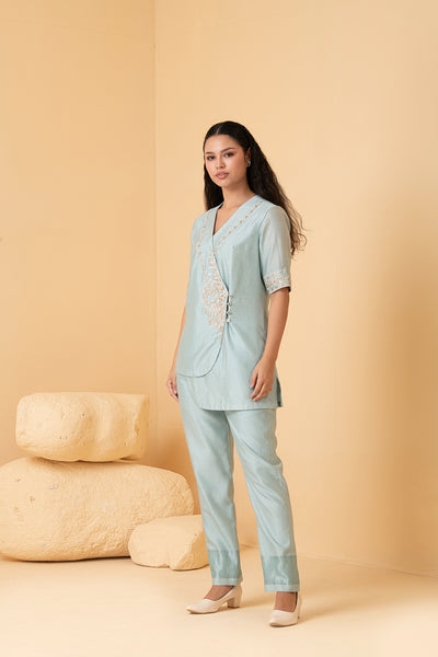 Powder blue chanderi overlap top with pants