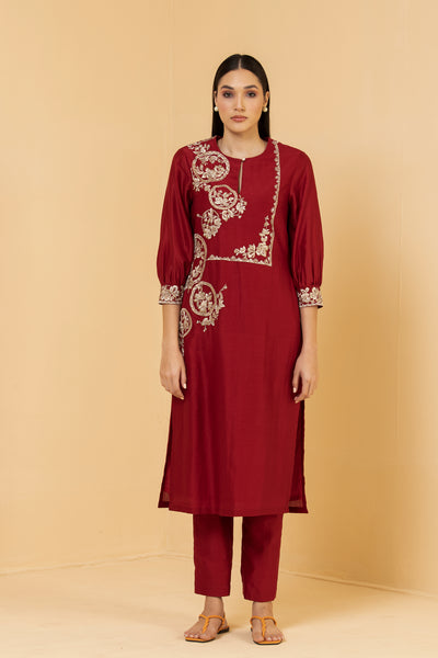 Red chanderi tunic with chanderi pants