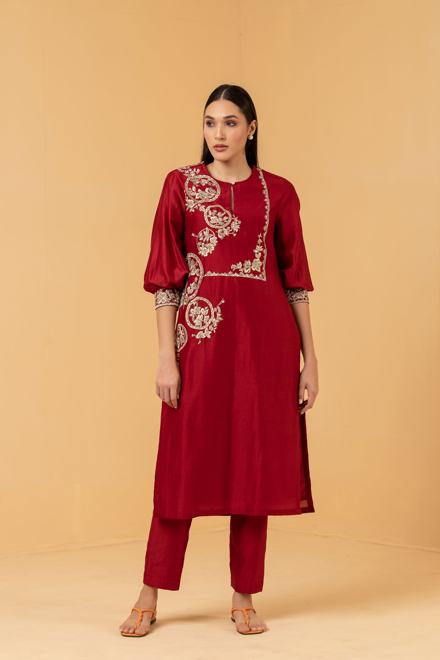 Red chanderi tunic with chanderi pants