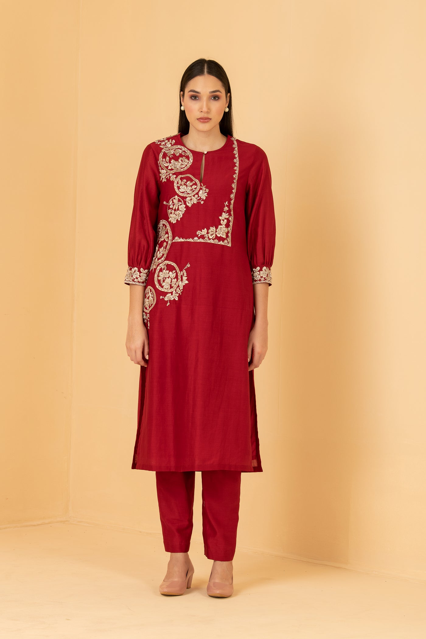 Red chanderi tunic with chanderi pants