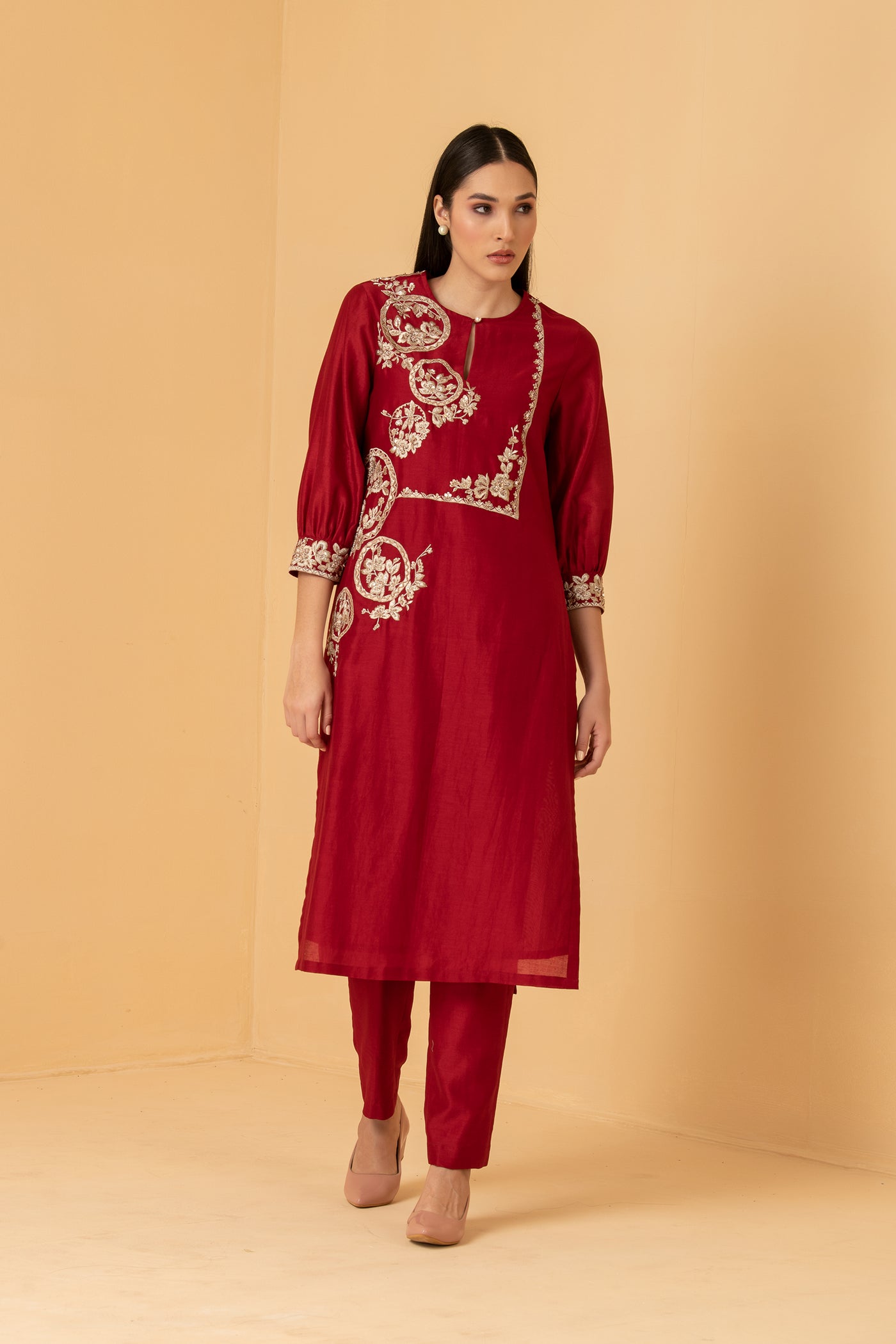 Red chanderi tunic with chanderi pants