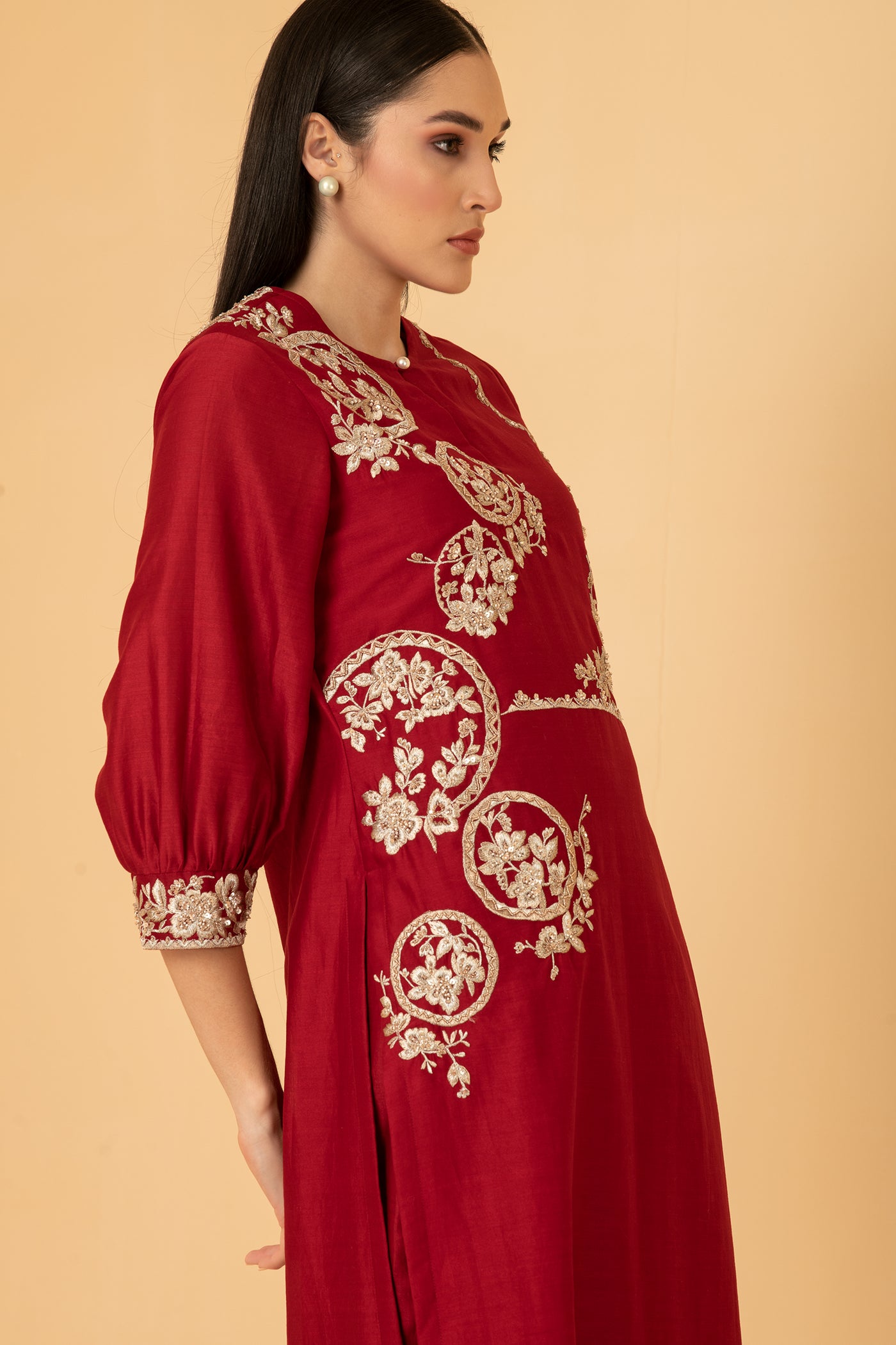 Red chanderi tunic with chanderi pants