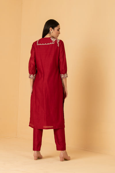 Red chanderi tunic with chanderi pants