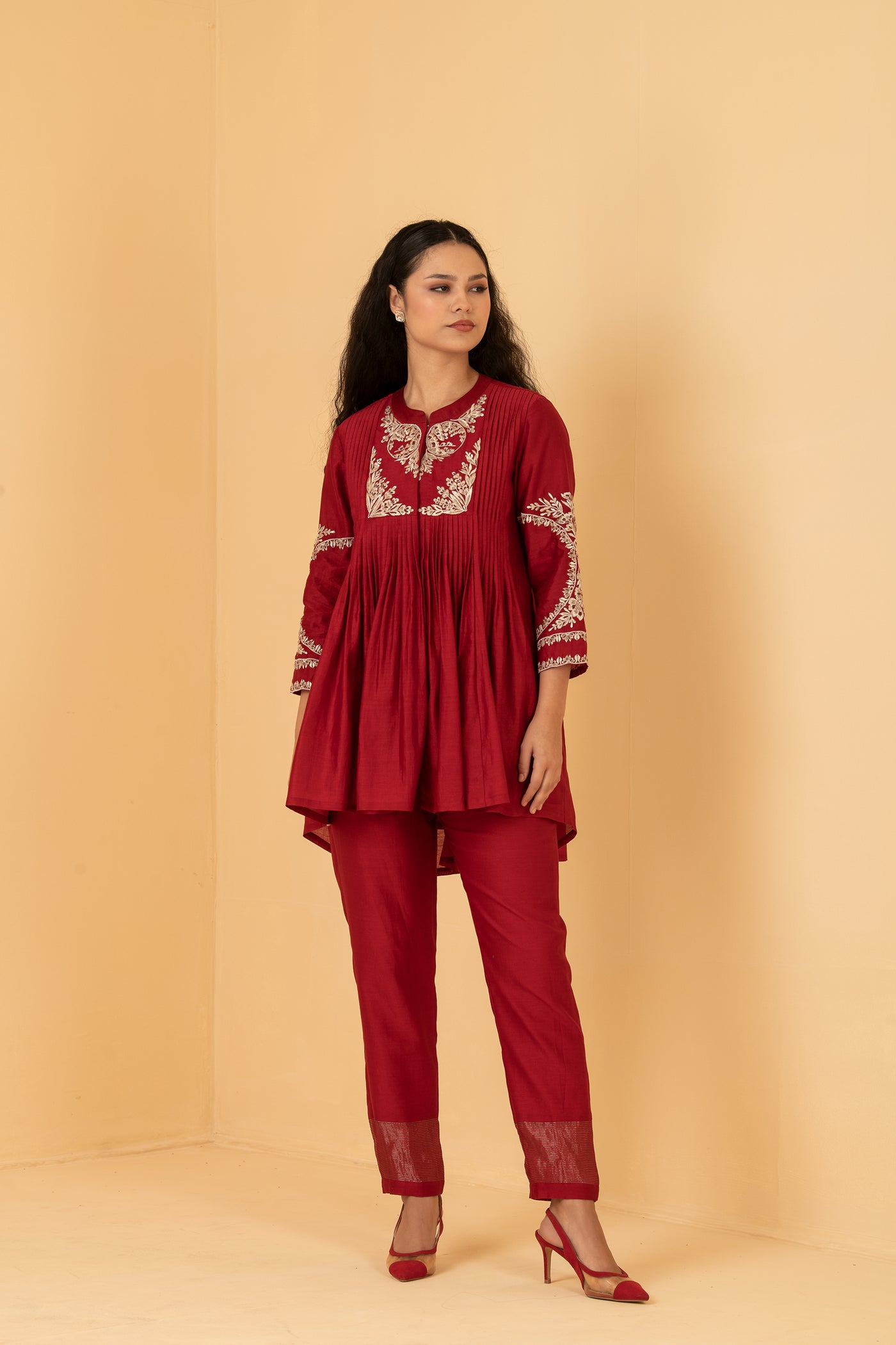 Red chanderi pleated long top with chanderi pants