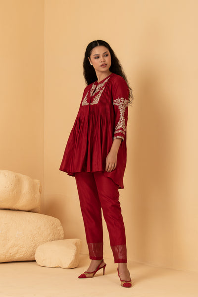 Red chanderi pleated long top with chanderi pants