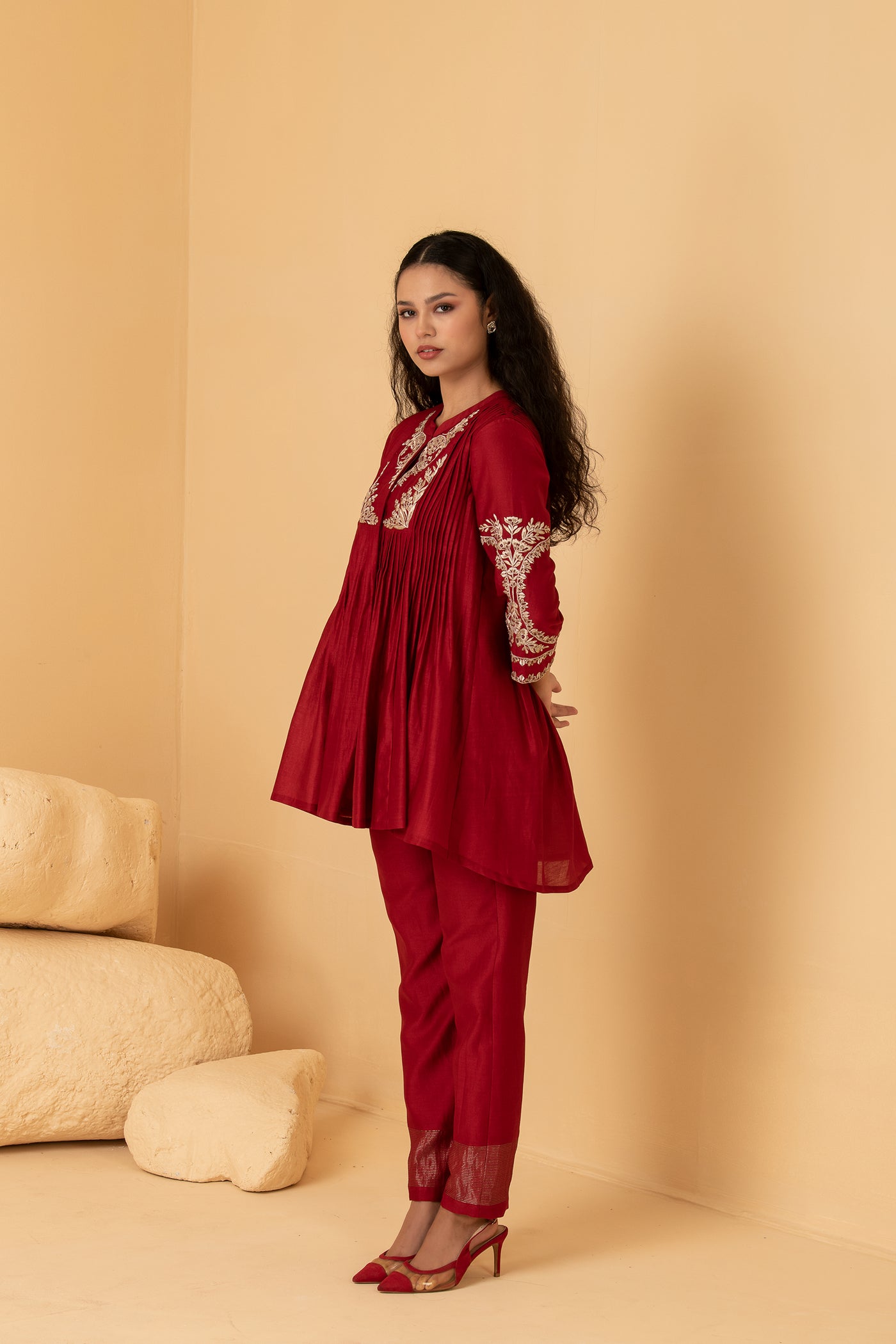 Red chanderi pleated long top with chanderi pants