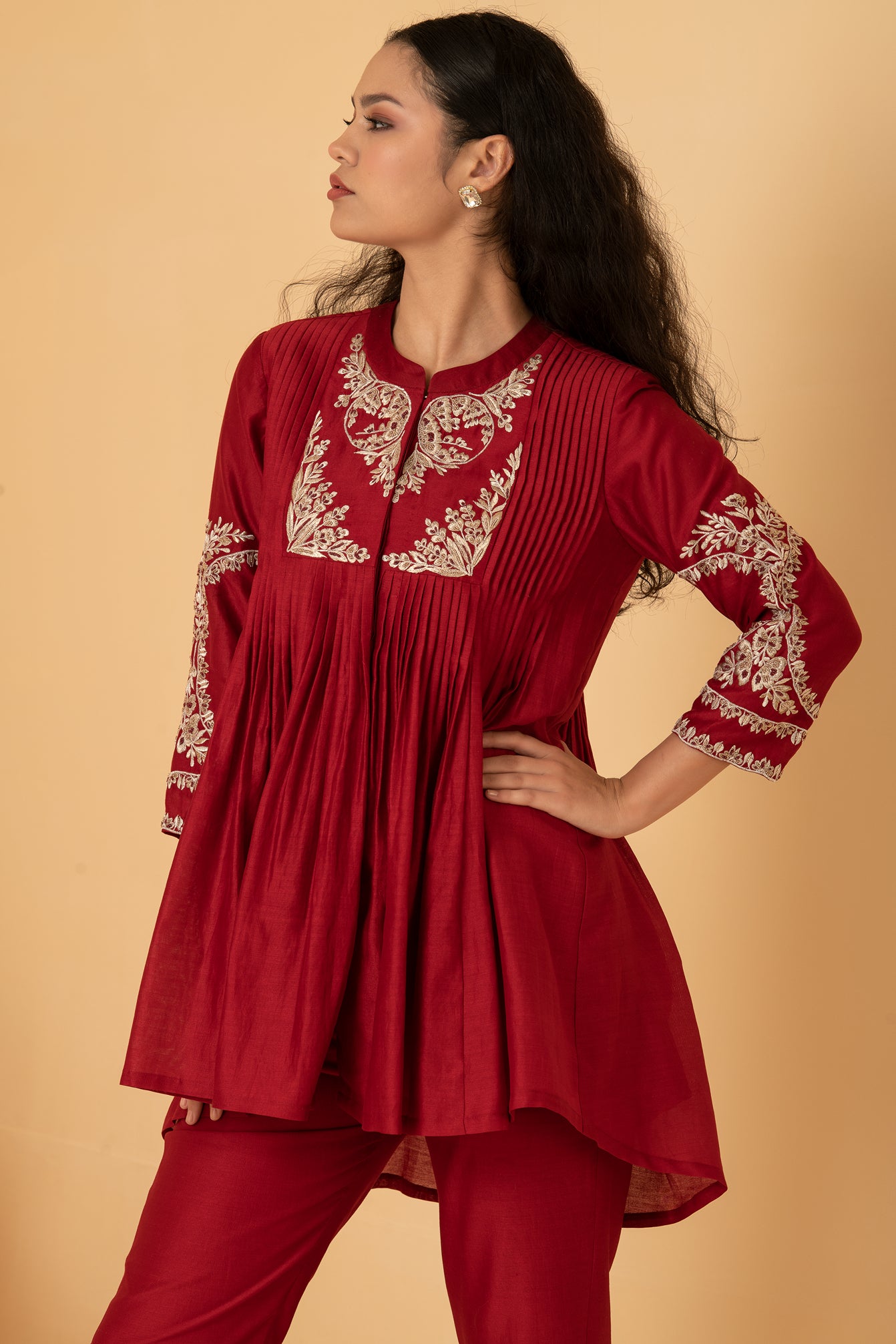 Red chanderi pleated long top with chanderi pants