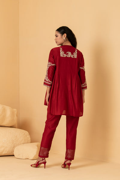 Red chanderi pleated long top with chanderi pants