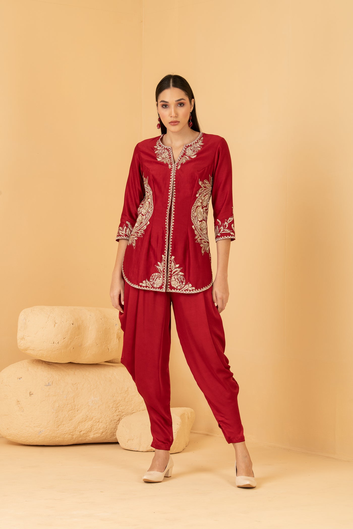 Red chanderi long top with modal satin dhoti pants