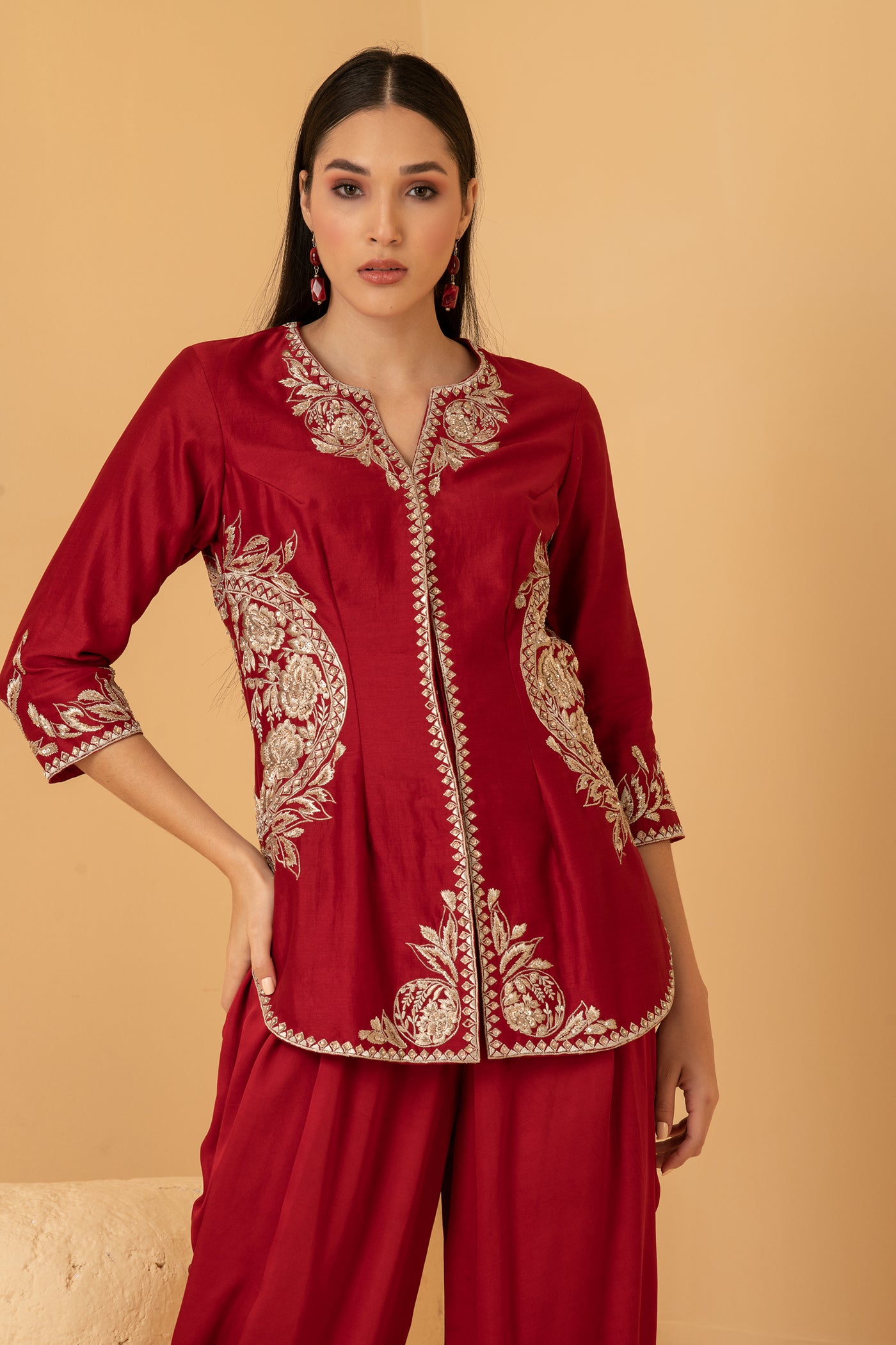 Red chanderi long top with modal satin dhoti pants