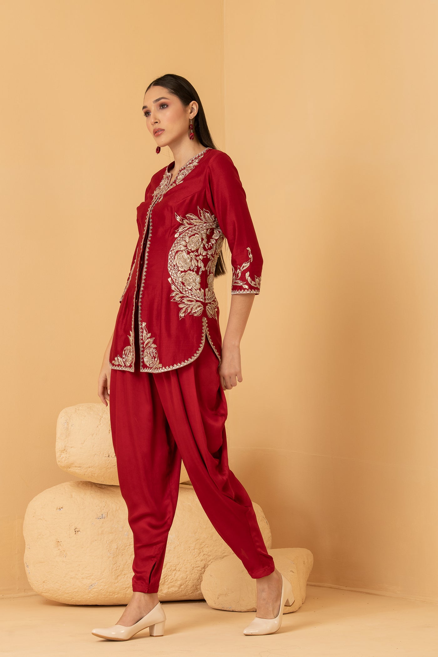 Red chanderi long top with modal satin dhoti pants