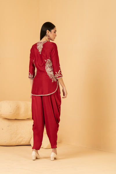 Red chanderi long top with modal satin dhoti pants