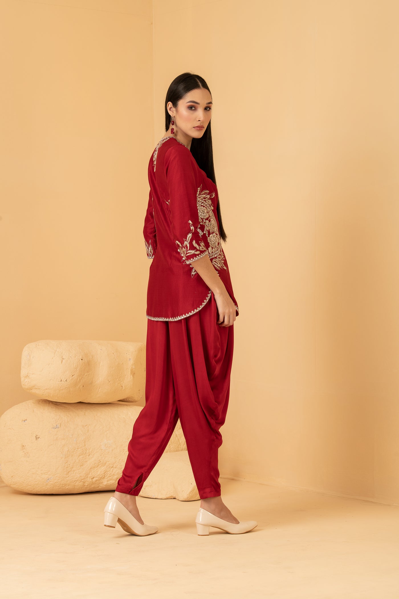 Red chanderi long top with modal satin dhoti pants